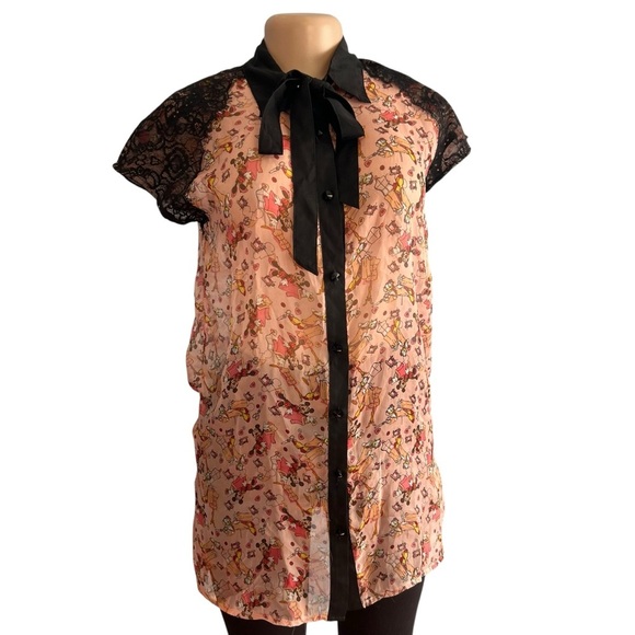 Disneyland Hong Kong Minnie Floral Sheer Blouse with Black Lace and Bow - Picture 1 of 11